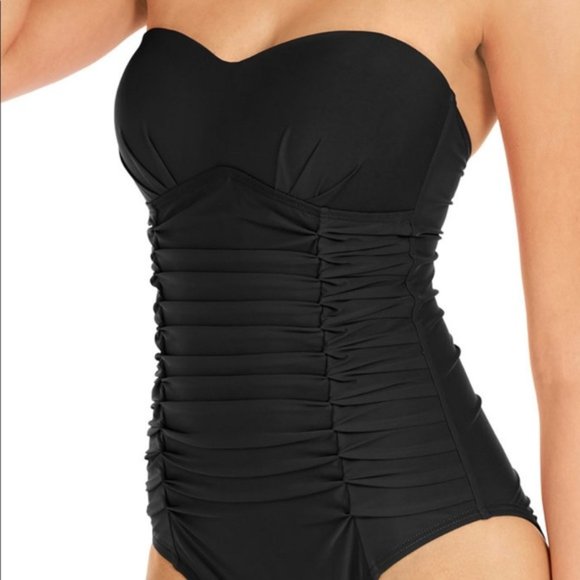 DKNY Liquid Pleated Bandeau Tummy Control One-Piece Swimsuit - Picture 2 of 2